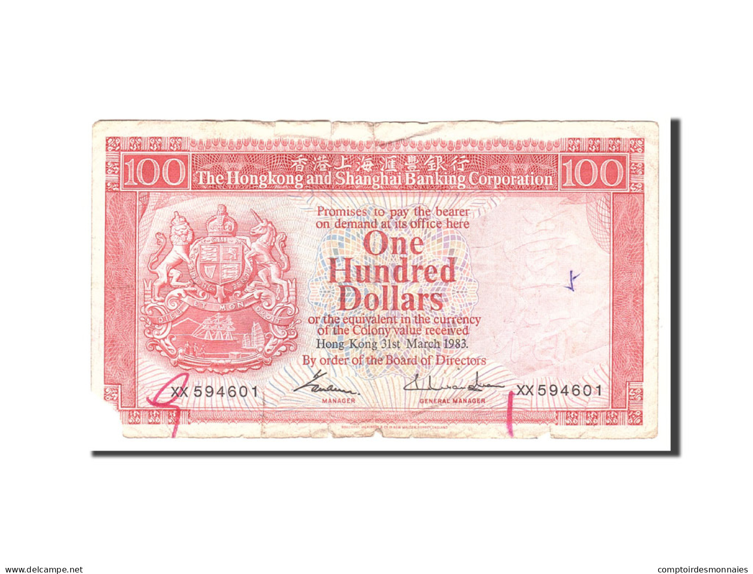 Billet, Hong Kong, 100 Dollars, 1983, 1983-03-31, KM:187d, B - Hong Kong