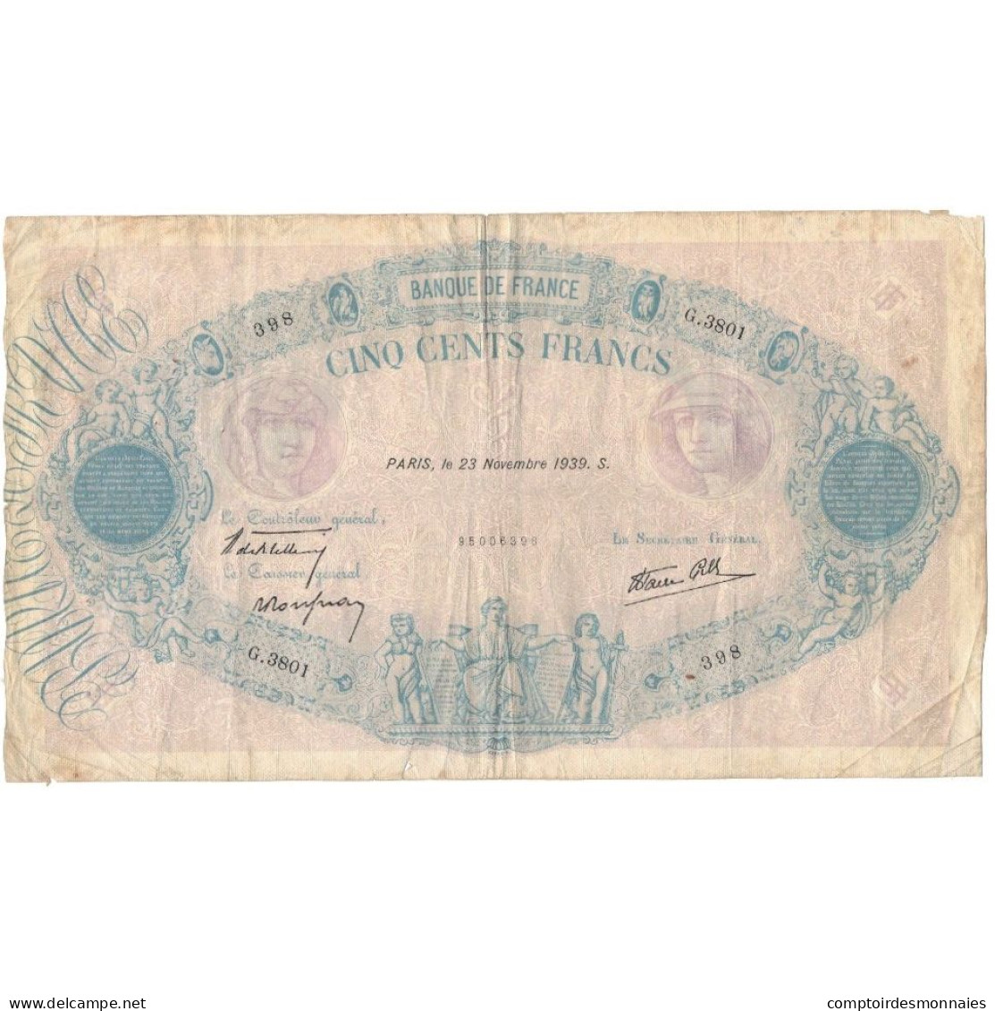 France, 500 Francs, 1888, 1939, TB, Fayette:31.49, KM:88c - 500 F 1888-1940 ''Bleu Et Rose''