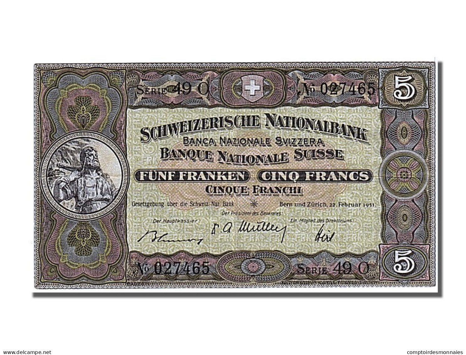 Billet, Suisse, 5 Franken, 1951, 1951-02-22, SUP - Schweiz