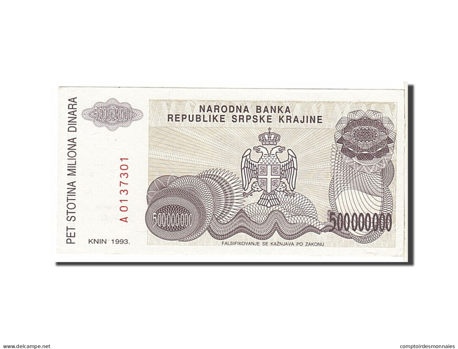 Billet, Croatie, 500 Million Dinara, 1993, KM:R26a, SPL - Croatie