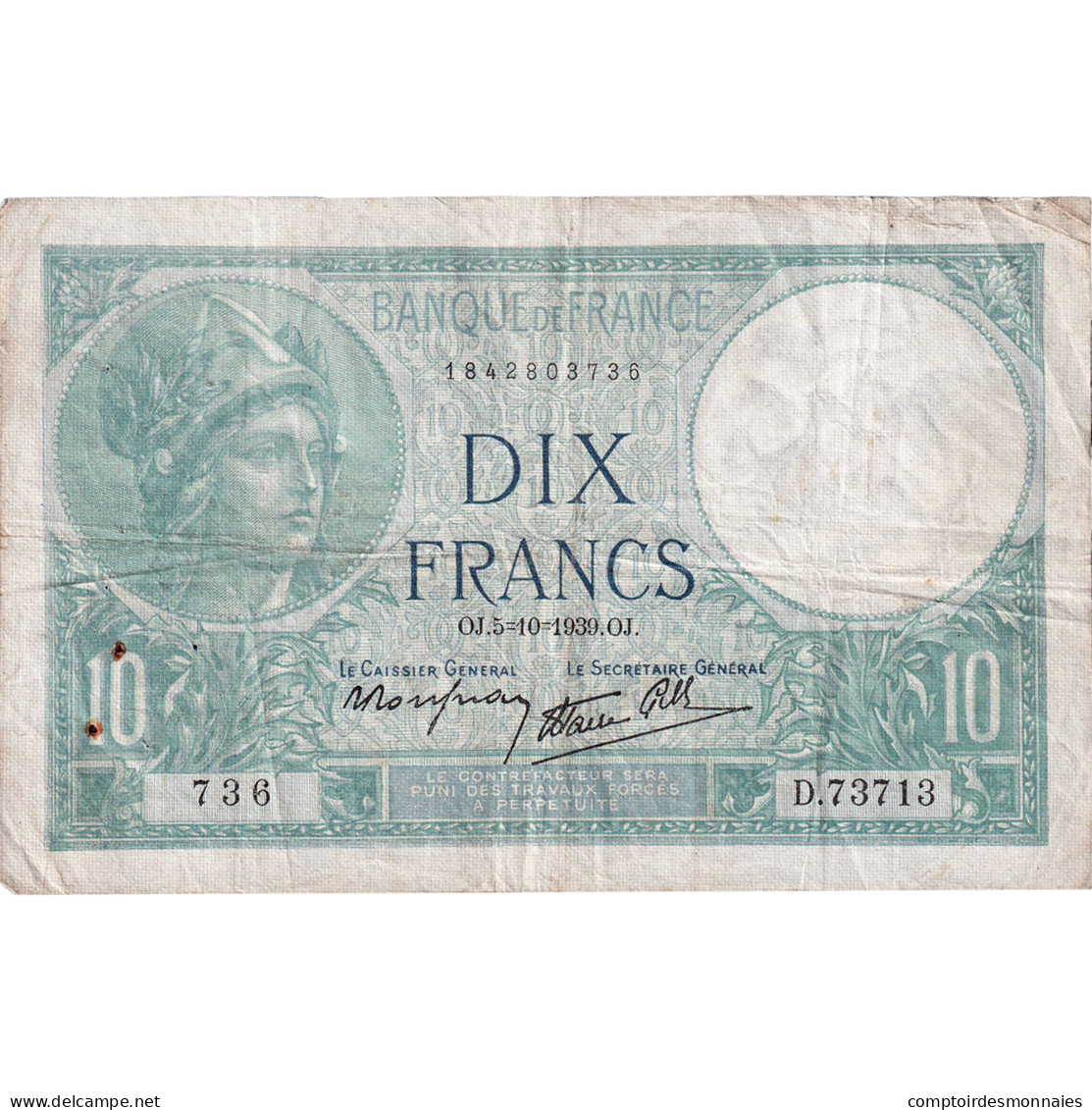 France, 10 Francs, Minerve, 1939, D.73713, TB+, Fayette:7.10, KM:84 - 10 F 1916-1942 ''Minerve''