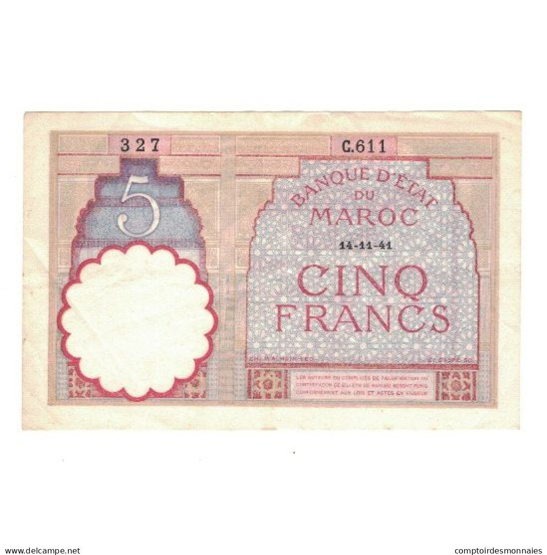 Billet, Maroc, 5 Francs, 1941, 1941-11-14, KM:23Ab, TTB+ - Marocco