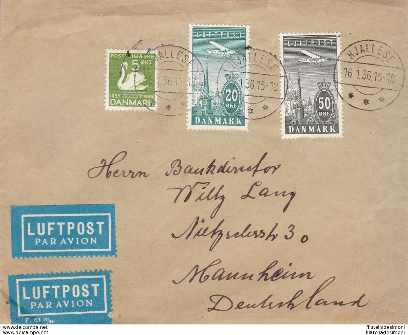 1936 Danimarca/Denmark,  PA 8/9 + 229 Su Lettera Di Posta Aerea Da Hjallese Per - Sonstige & Ohne Zuordnung