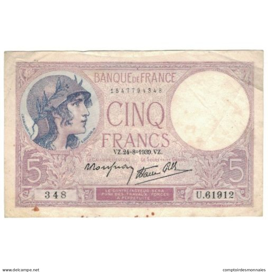 France, 5 Francs, 1939, 1939-08-24, TTB, Fayette:4.7, KM:83 - 5 F 1917-1940 ''Violet''