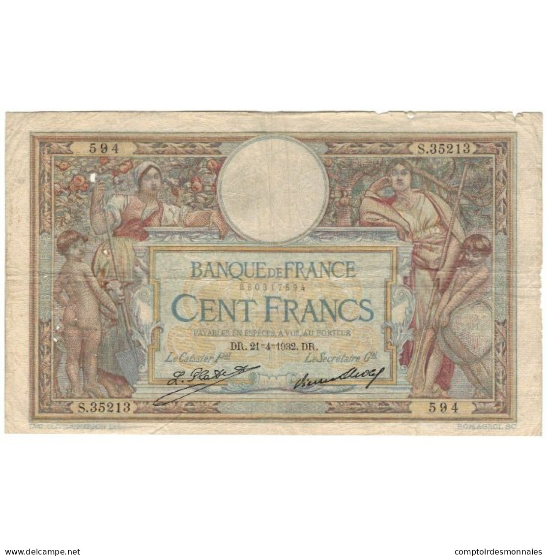 France, 100 Francs, 1932-04-21, TB, Fayette:24.11, KM:78b - 100 F 1908-1939 ''Luc Olivier Merson''