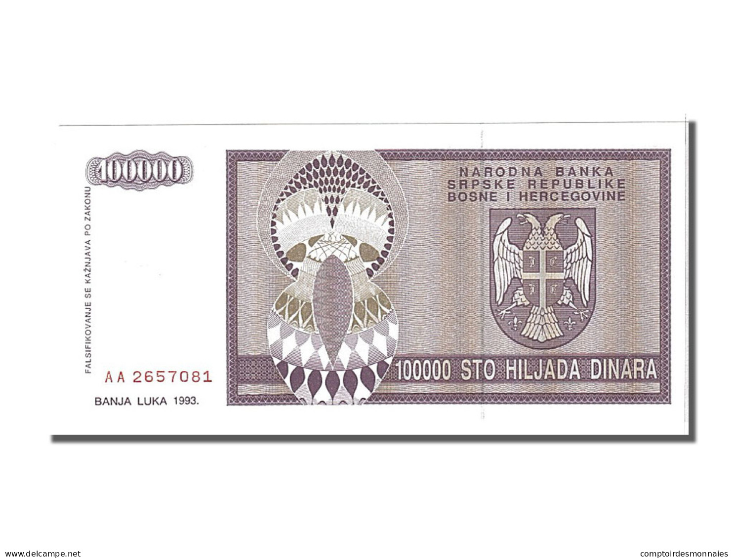 Billet, Bosnia - Herzegovina, 100,000 Dinara, 1993, NEUF - Bosnia And Herzegovina