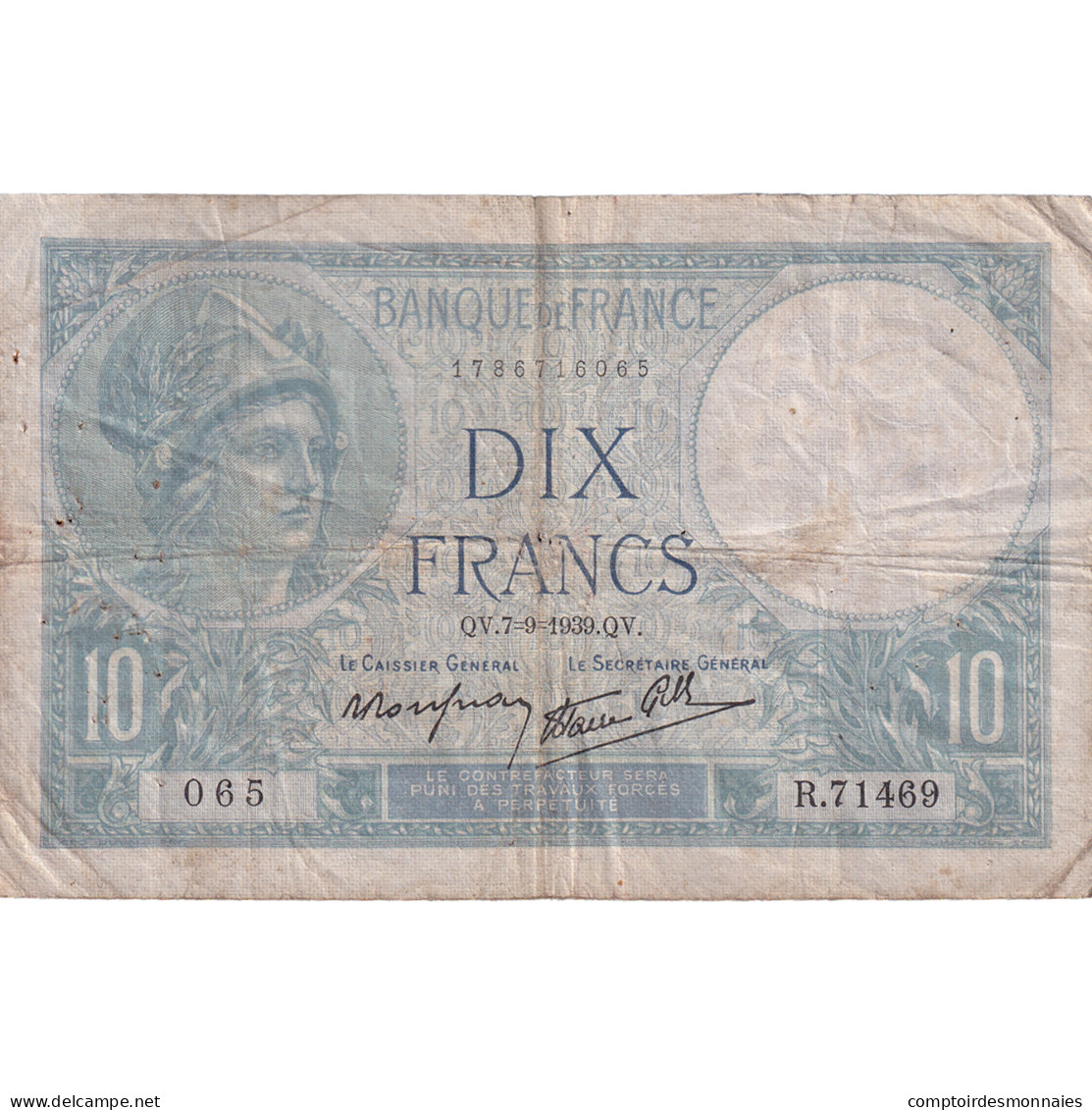 France, 10 Francs, Minerve, 1939, R.71469, TB, Fayette:7.6, KM:84 - 10 F 1916-1942 ''Minerve''