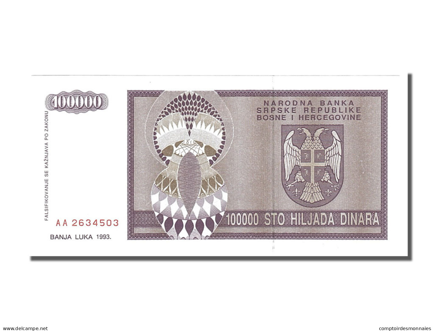 Billet, Bosnia - Herzegovina, 100,000 Dinara, 1993, NEUF - Bosnië En Herzegovina