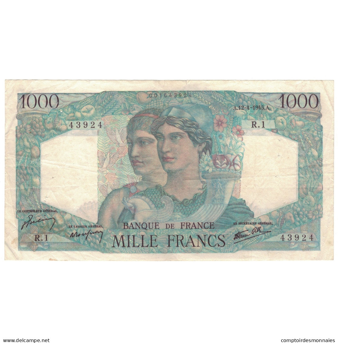 France, 1000 Francs, Minerve Et Hercule, 1945, R.1, TTB, Fayette:41.01, KM:130a - 1 000 F 1945-1950 ''Minerve Et Hercule''