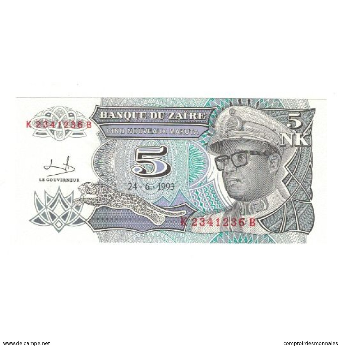 Billet, Zaïre, 5 Nouveaux Makuta, 1993, 1993-06-24, KM:48a, NEUF - Zaire