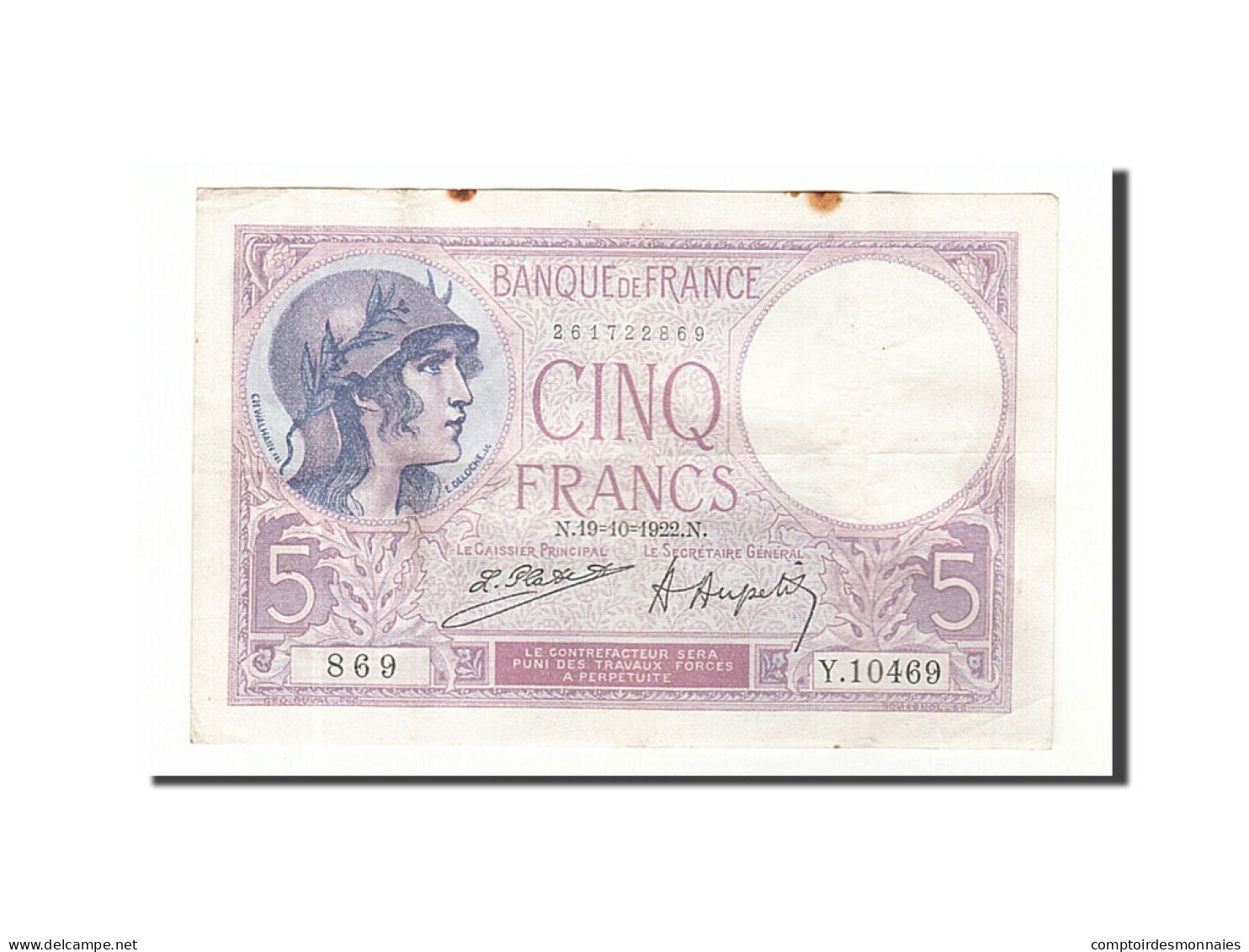 Billet, France, 5 Francs, 5 F 1917-1940 ''Violet'', 1922, 1922-10-19, TTB - 5 F 1917-1940 ''Violet''