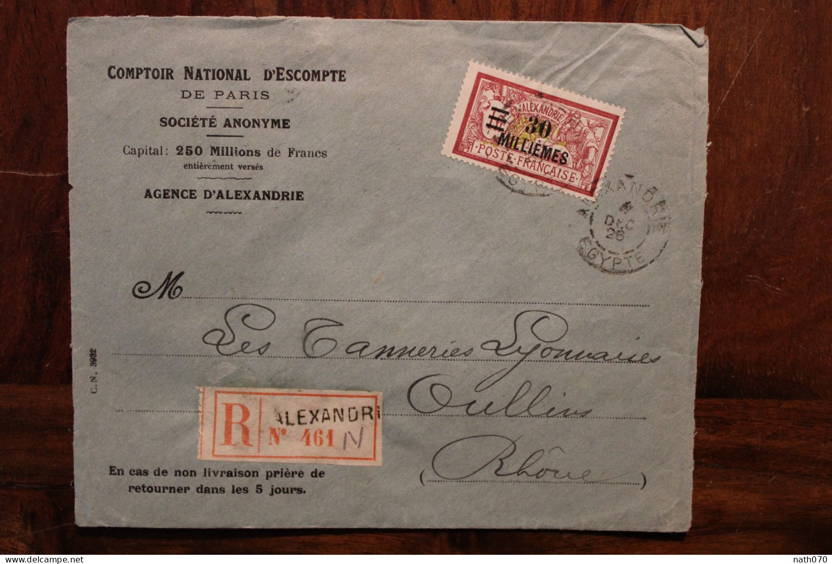 Alexandrie 1926 France Egypte Cover Egypt Ägypten Front D'enveloppe Recommandé Registered Reco R - Storia Postale