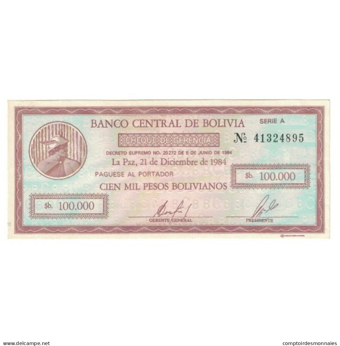 Billet, Bolivie, 100,000 Pesos Bolivianos, 1984, 1984-12-21, KM:188, NEUF - Bolivië