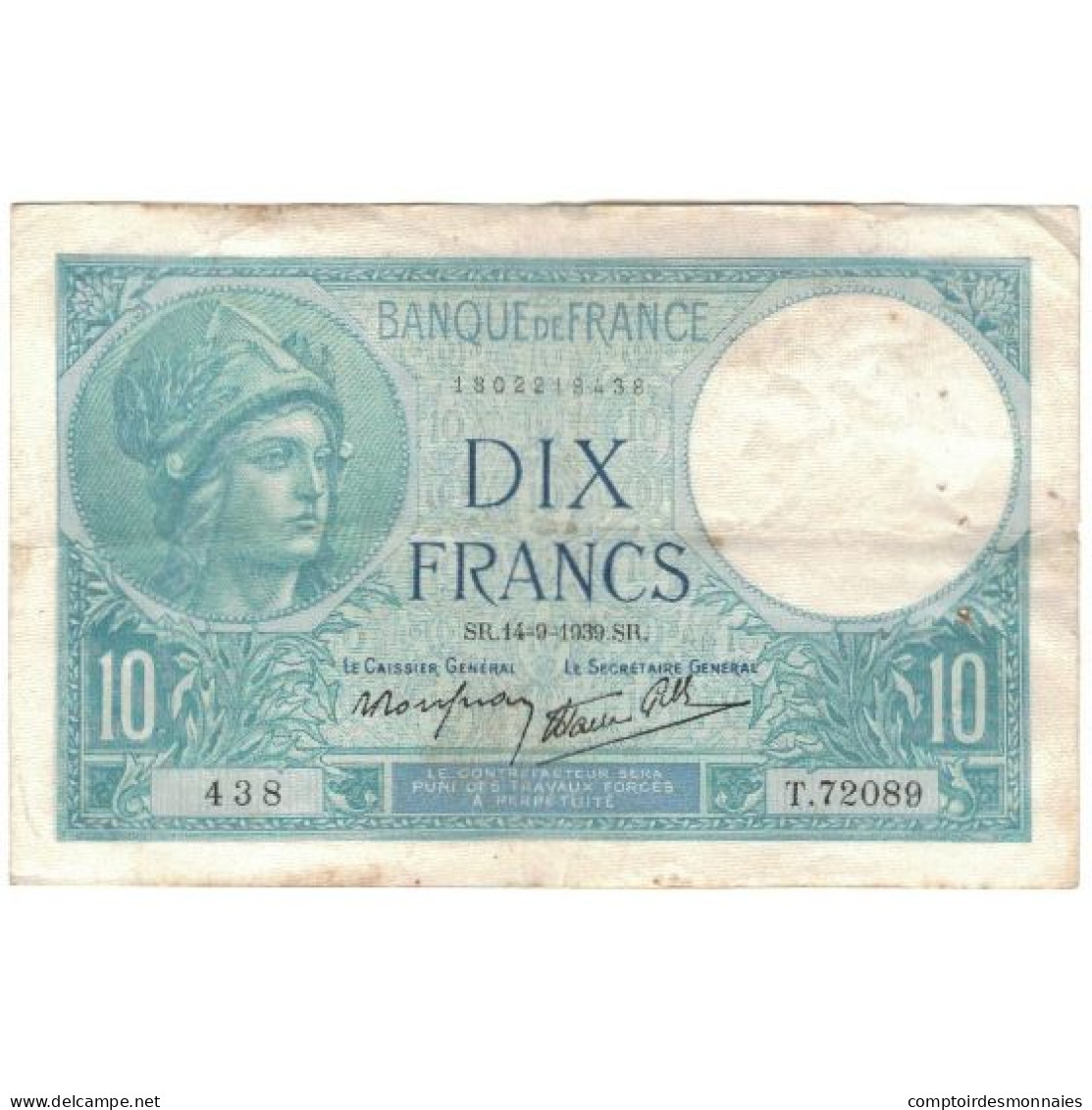 France, 10 Francs, Minerve, 1939, 1939-09-14, TB, Fayette:7.7, KM:84 - 10 F 1916-1942 ''Minerve''