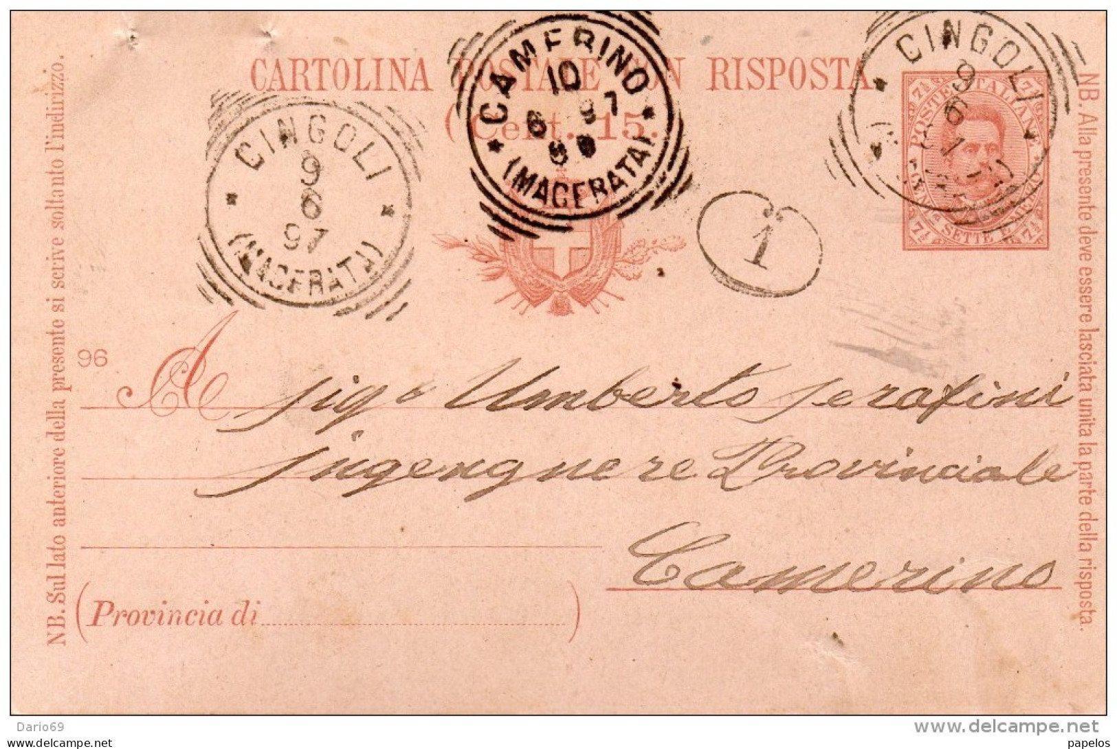 1897  CARTOLINA CON ANNULLO CINGOLI MACERATA - Entiers Postaux