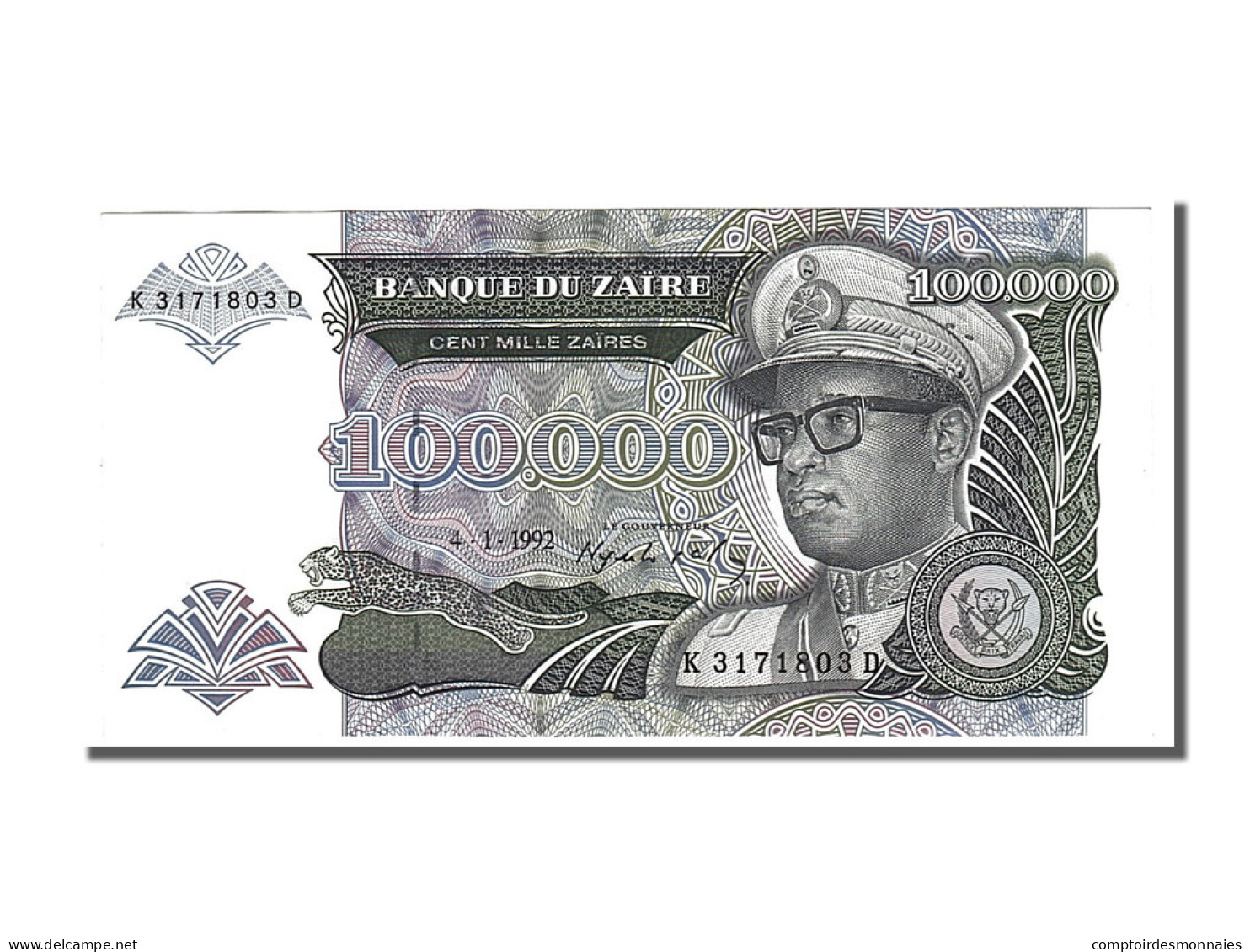Billet, Zaïre, 100,000 Zaïres, 1992, 1992-01-04, NEUF - Zaïre
