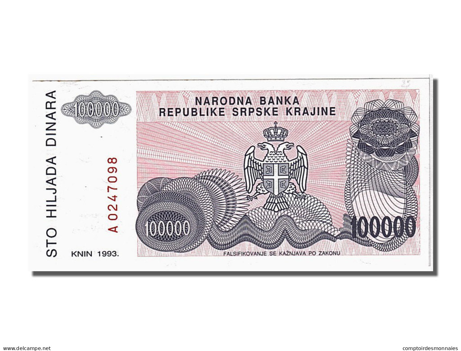 Billet, Croatie, 100,000 Dinara, 1993, NEUF - Kroatië