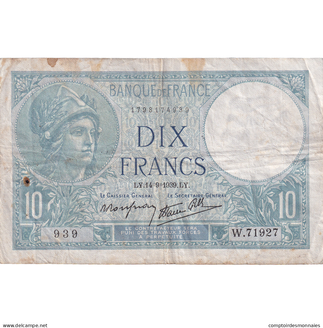 France, 10 Francs, Minerve, 1939, W.71927, TB+, Fayette:7.7, KM:84 - 10 F 1916-1942 ''Minerve''