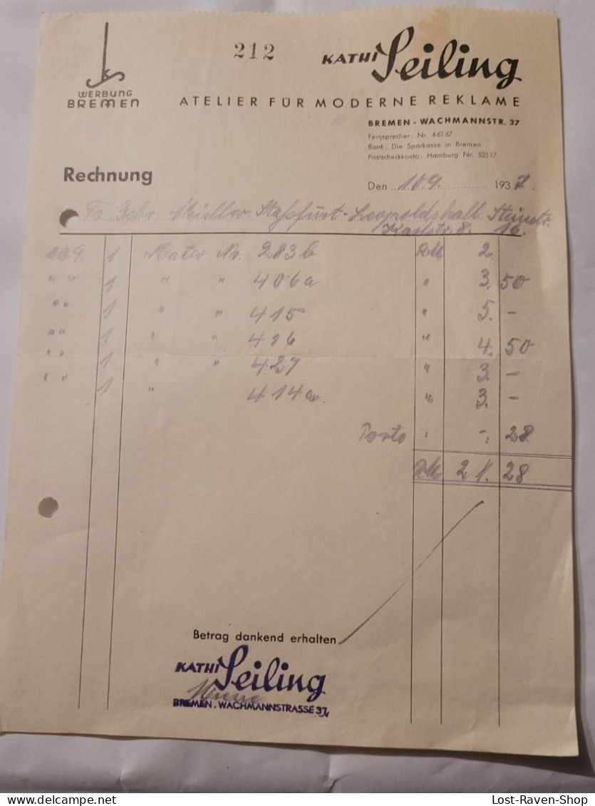 Rechnung - Kathi Seiling - Bremen - 1937 - 1900 – 1949