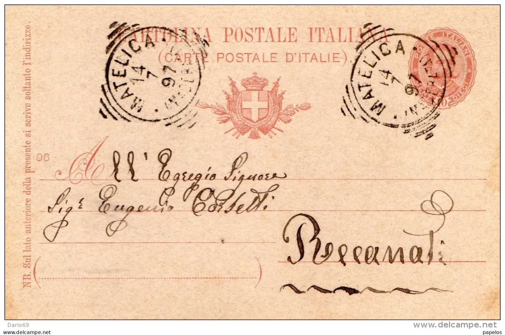 1897   CARTOLINA CON ANNULLO MATELICA  MACERATA - Entiers Postaux