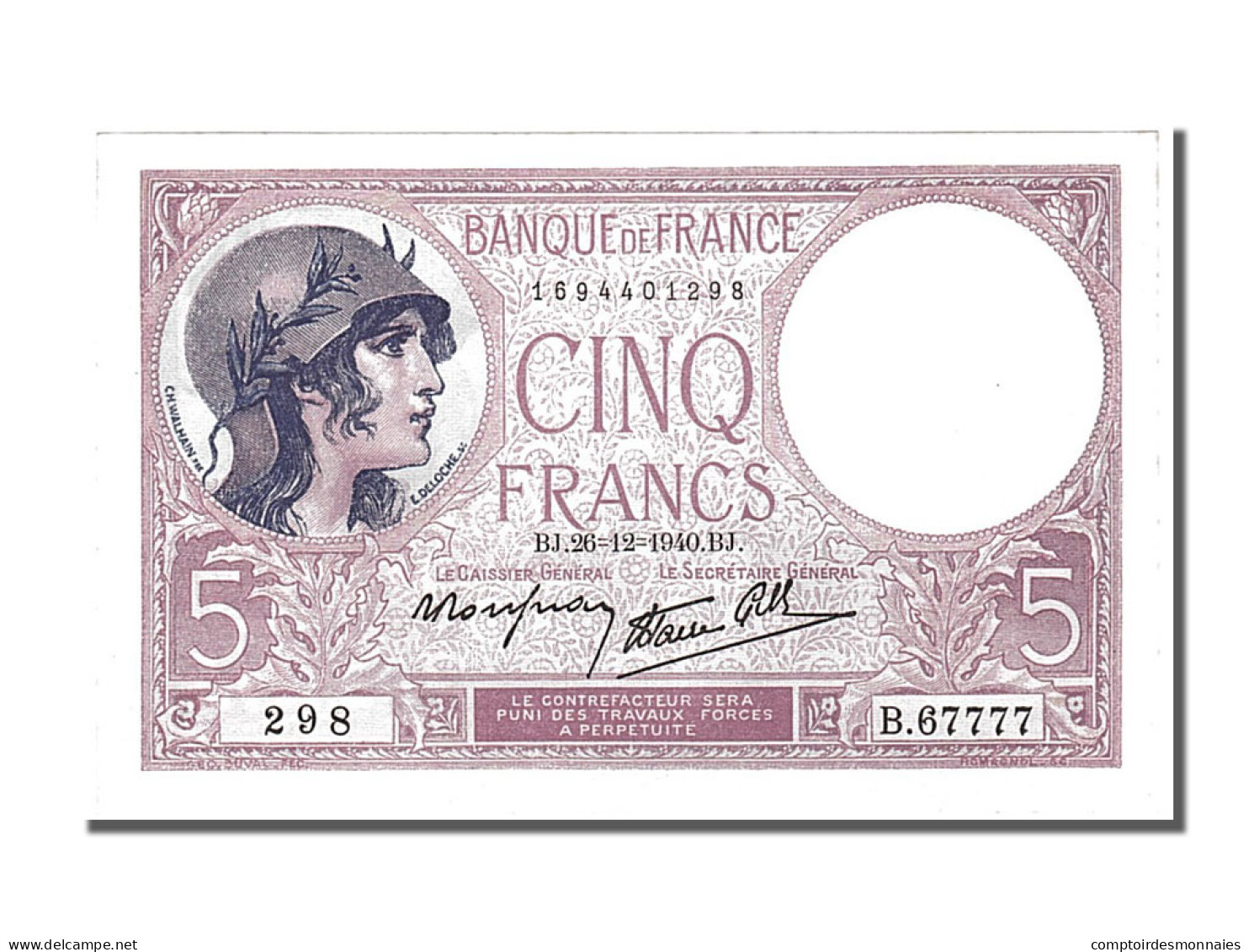 Billet, France, 5 Francs, 5 F 1917-1940 ''Violet'', 1940, 1940-12-26, SUP+ - 5 F 1917-1940 ''Violet''