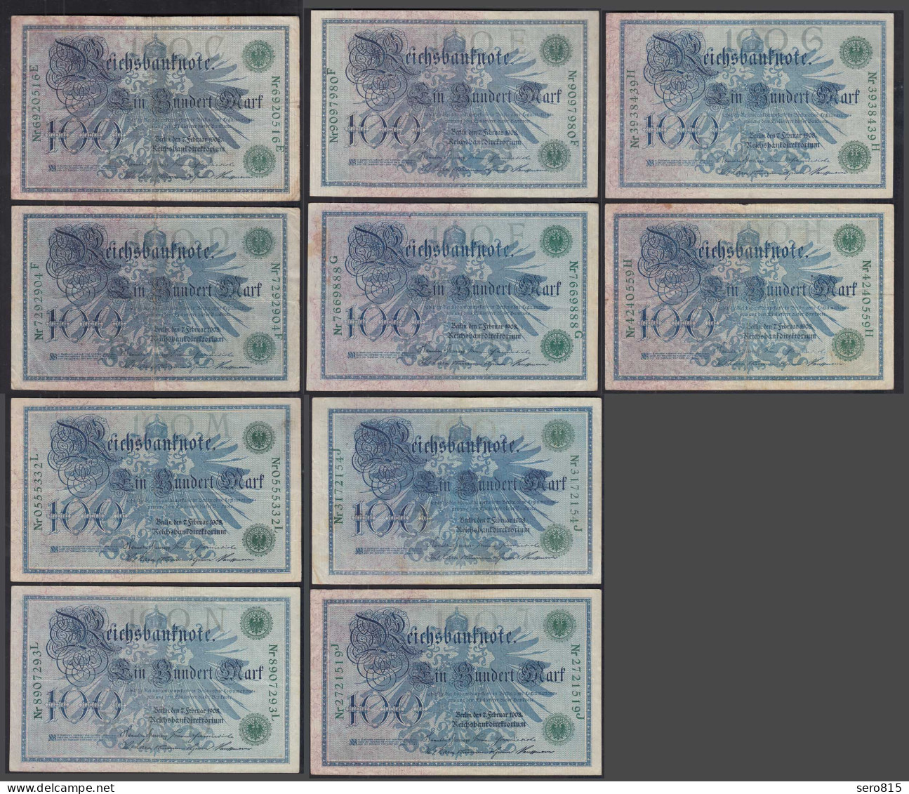 10 Stück á 100 Mark Ros 34 - P34 1908 Versch.Udr. C,D,E,F,G,H,J,M,N,O   (30255 - Sonstige & Ohne Zuordnung