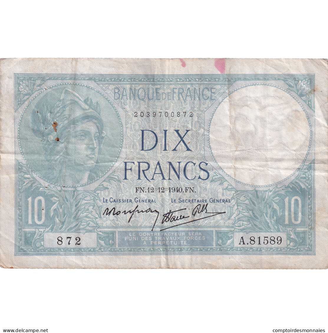 France, 10 Francs, Minerve, 1939, A.81589, TB, Fayette:7.24, KM:84 - 10 F 1916-1942 ''Minerve''