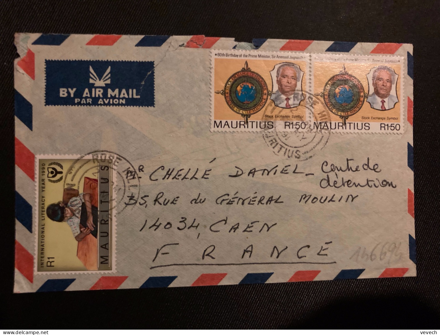 LETTRE Par Avion Pour La FRANCE TPSIR ANEROOD JUGNAUTH R1.50 Paire + INTERNATIONAL LITERACY YEAR R1 OBL.10 MY 91 - Mauritius (1968-...)