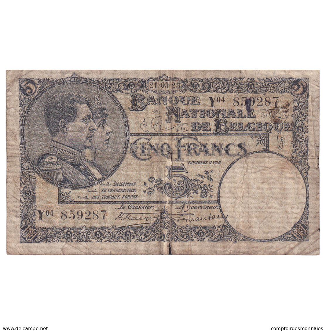 Belgique, 5 Francs, 1925, 1925-03-21, KM:108a, B - 5 Franchi