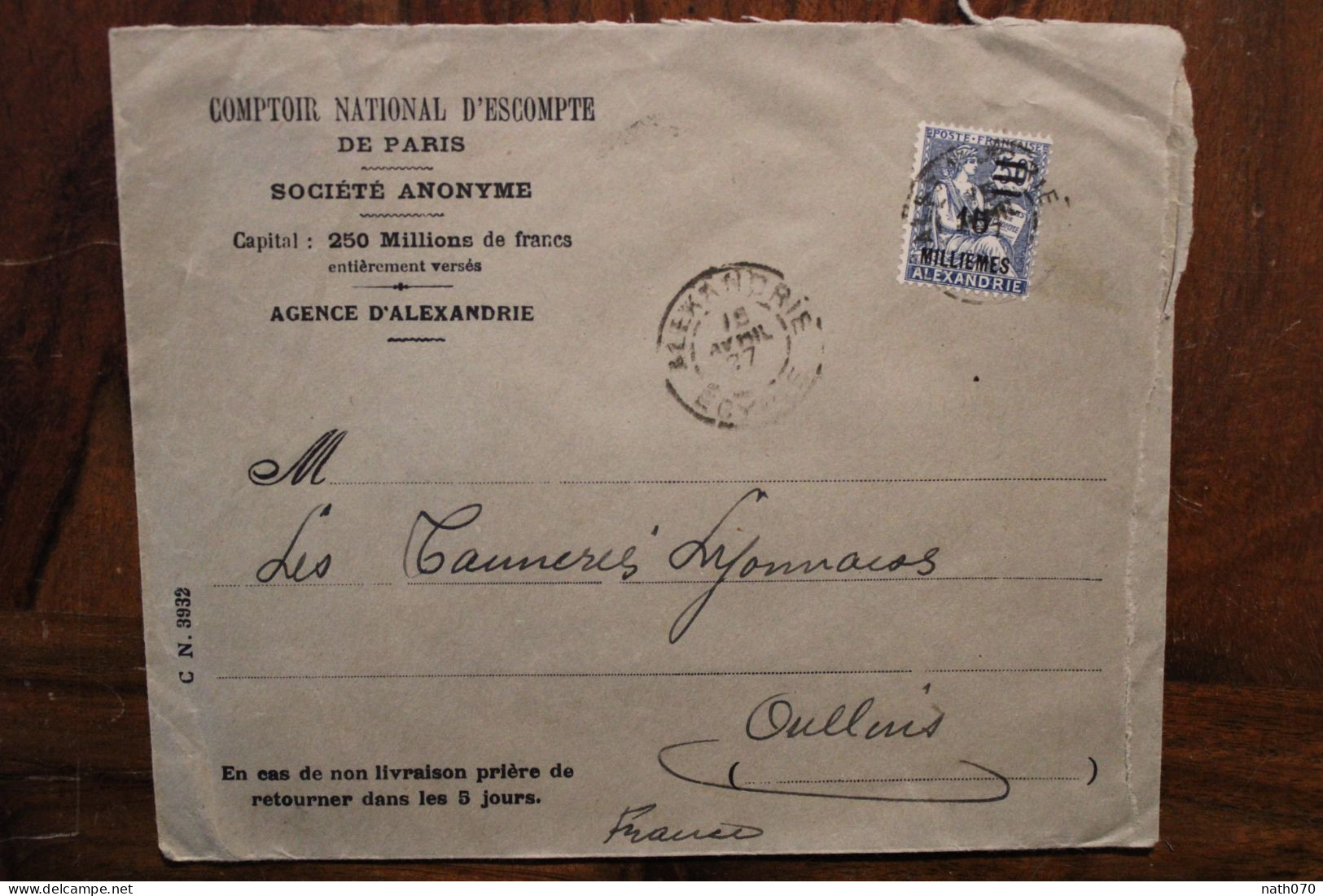 Alexandrie 1927 France Egypte Cover Egypt Ägypten Oullins - Storia Postale