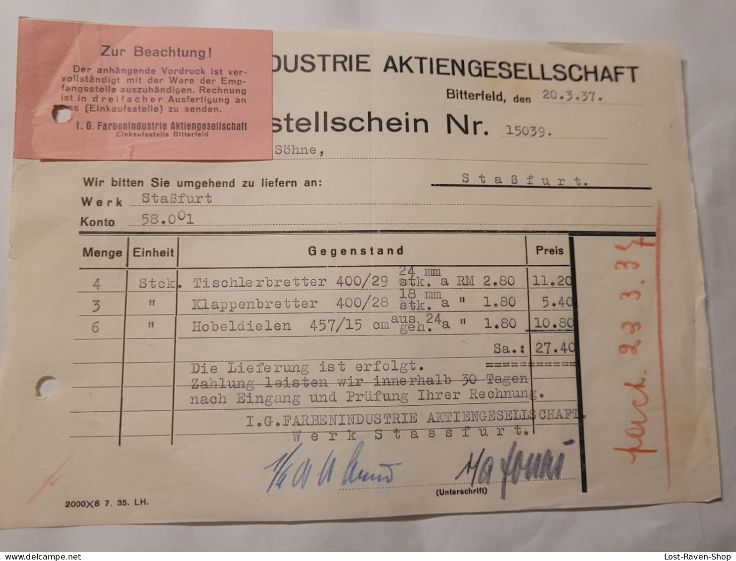 Rechnung - IG Farbenindustrie - Bitterfeld 1937 - 1900 – 1949