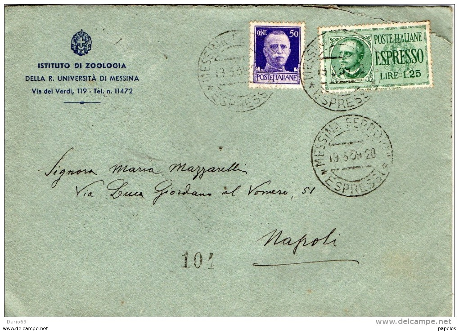 1939  LETTERA ESPRESSO INTESTATA ISTITUTO DI ZOOLOGIA CON ANNULLO MESSINA   - - Eilsendung (Eilpost)