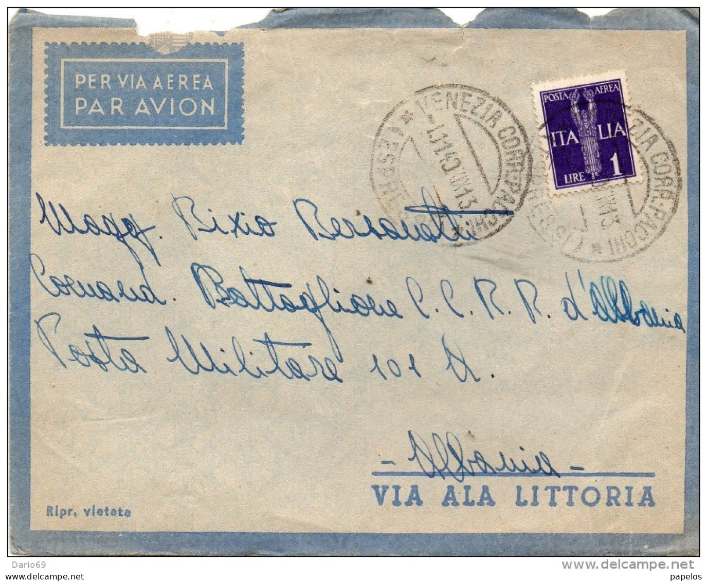 1940  LETTERA AEREA CON ANNULLO VENEZIA - Poste Aérienne