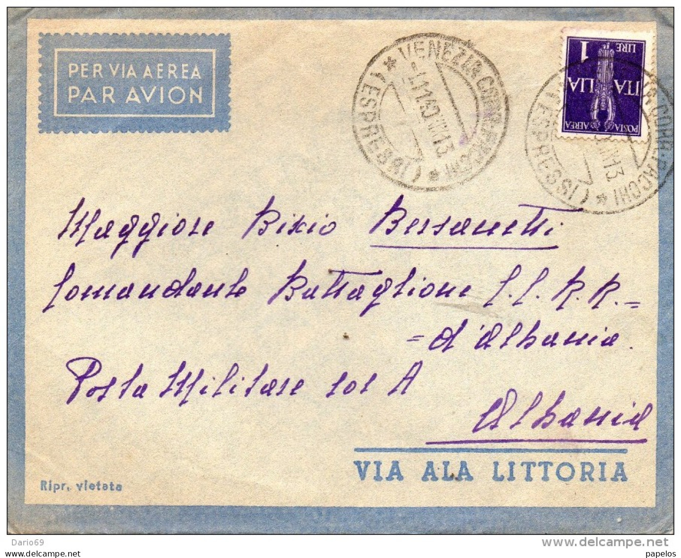 1940  LETTERA AEREA CON ANNULLO VENEZIA - Poste Aérienne