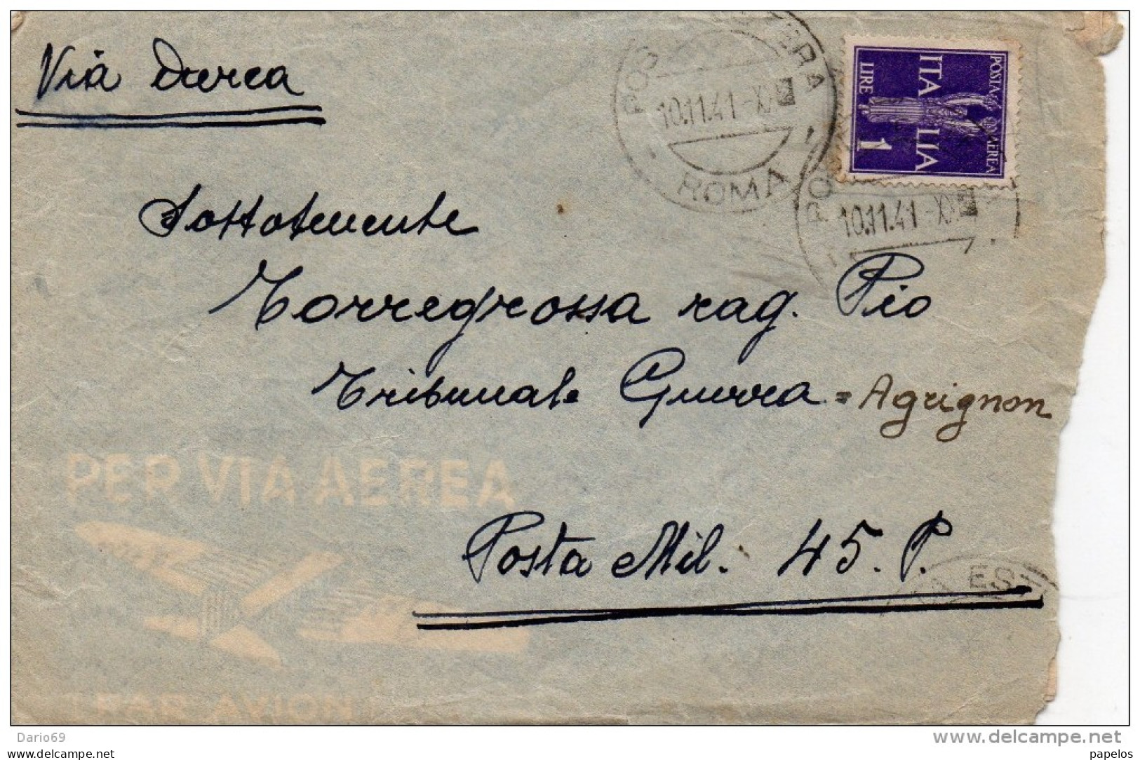 1941  LETTERA AEREA CON ANNULLO ROMA - Poste Aérienne