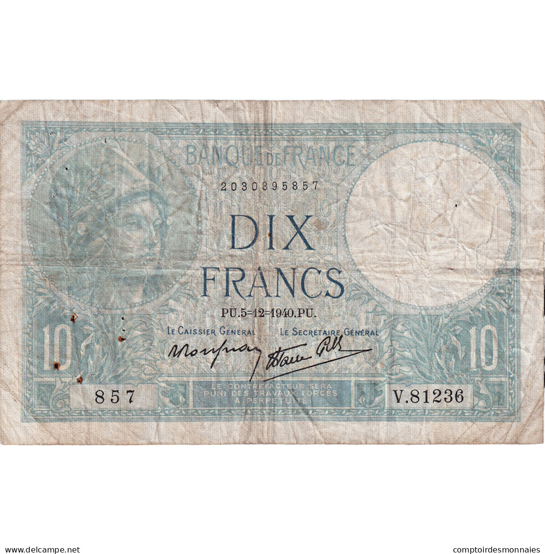 France, 10 Francs, Minerve, 1940, V.81236, TB+, Fayette:7.23, KM:84 - 10 F 1916-1942 ''Minerve''