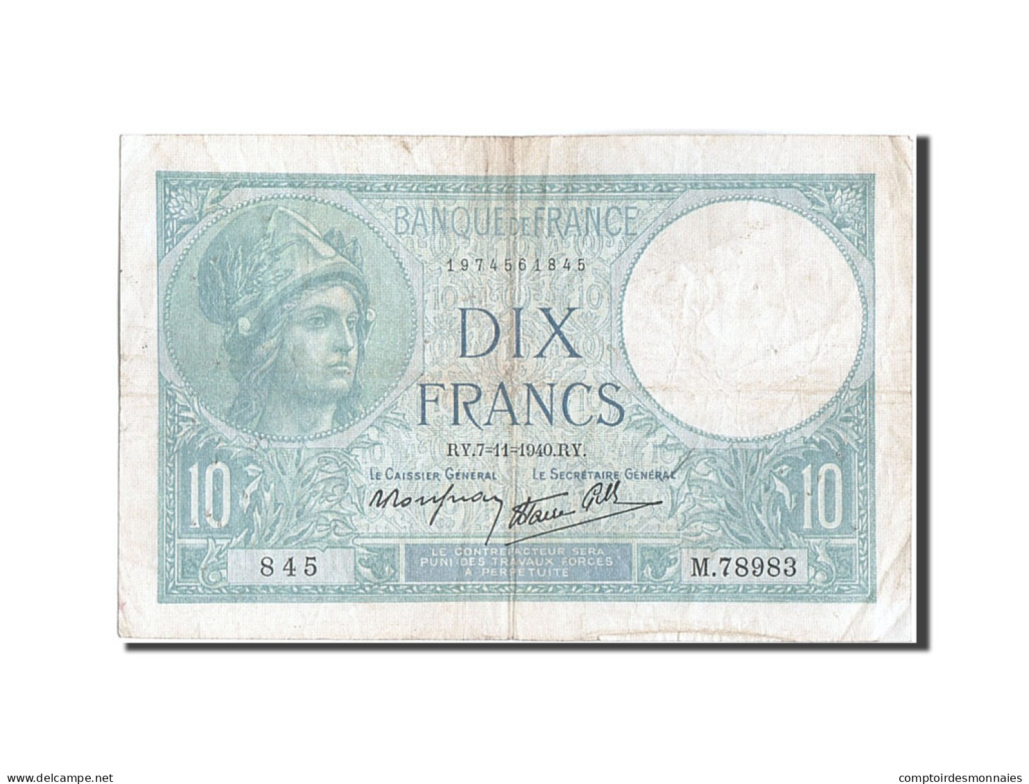 Billet, France, 10 Francs, 10 F 1916-1942 ''Minerve'', 1940, 1940-11-07, TB - 10 F 1916-1942 ''Minerve''