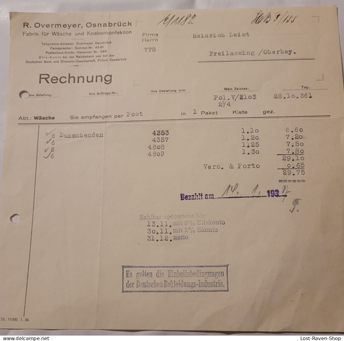 Rechnung - Overmeyer - Osnabrück - 1936 - 1900 – 1949