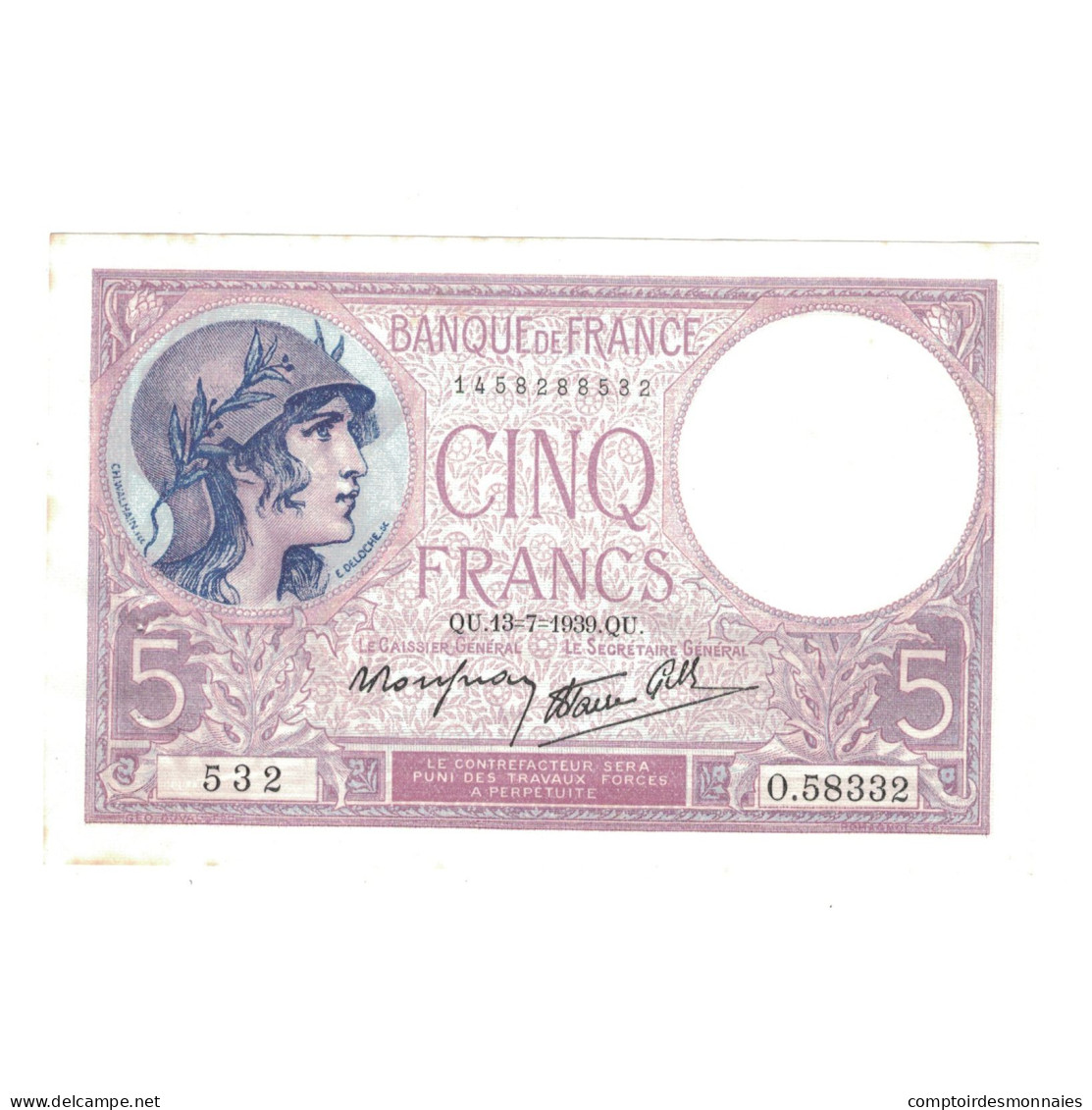 France, 5 Francs, Violet, 1939, O.58332, TTB+, Fayette:F04.1, KM:83 - 5 F 1917-1940 ''Violet''