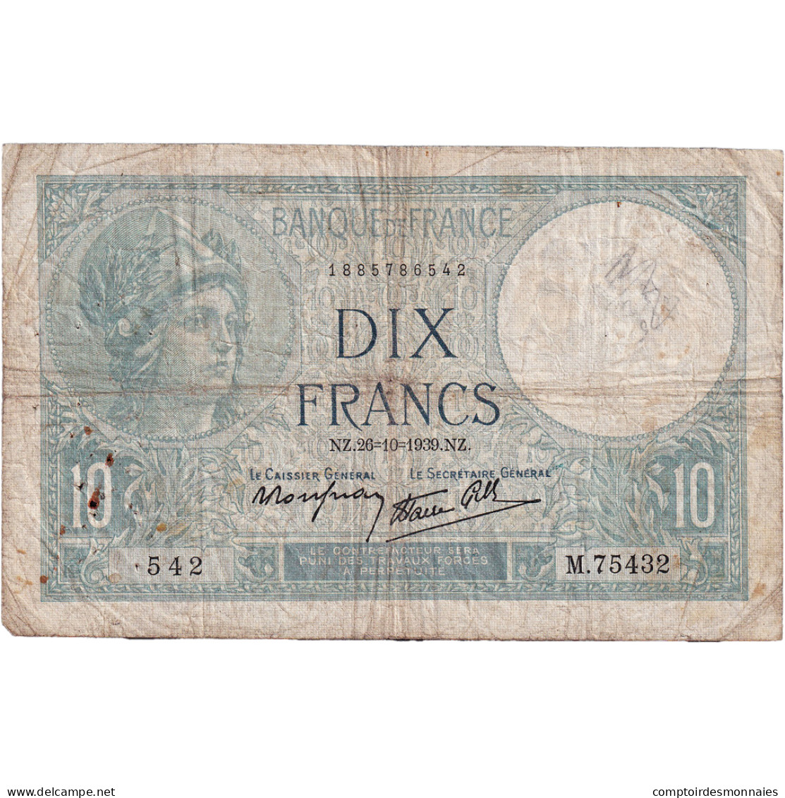 France, 10 Francs, Minerve, 1939, M.75432, TB+, Fayette:7.13, KM:84 - 10 F 1916-1942 ''Minerve''