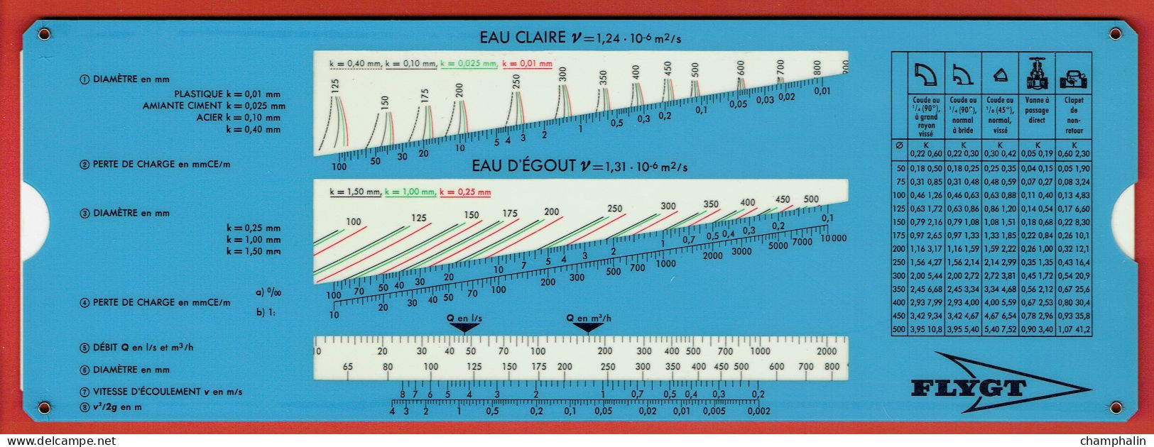 Abaque Flygt - Réglette Pour Calcul Des Pertes De Charges - Avec Pochette Et Mode D'emploi - Années 70 - Other & Unclassified
