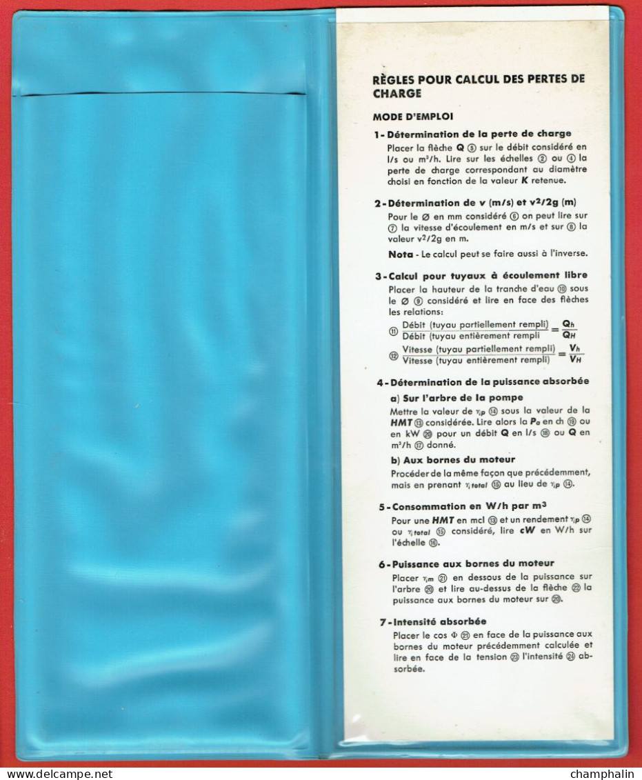 Abaque Flygt - Réglette Pour Calcul Des Pertes De Charges - Avec Pochette Et Mode D'emploi - Années 70 - Autres & Non Classés