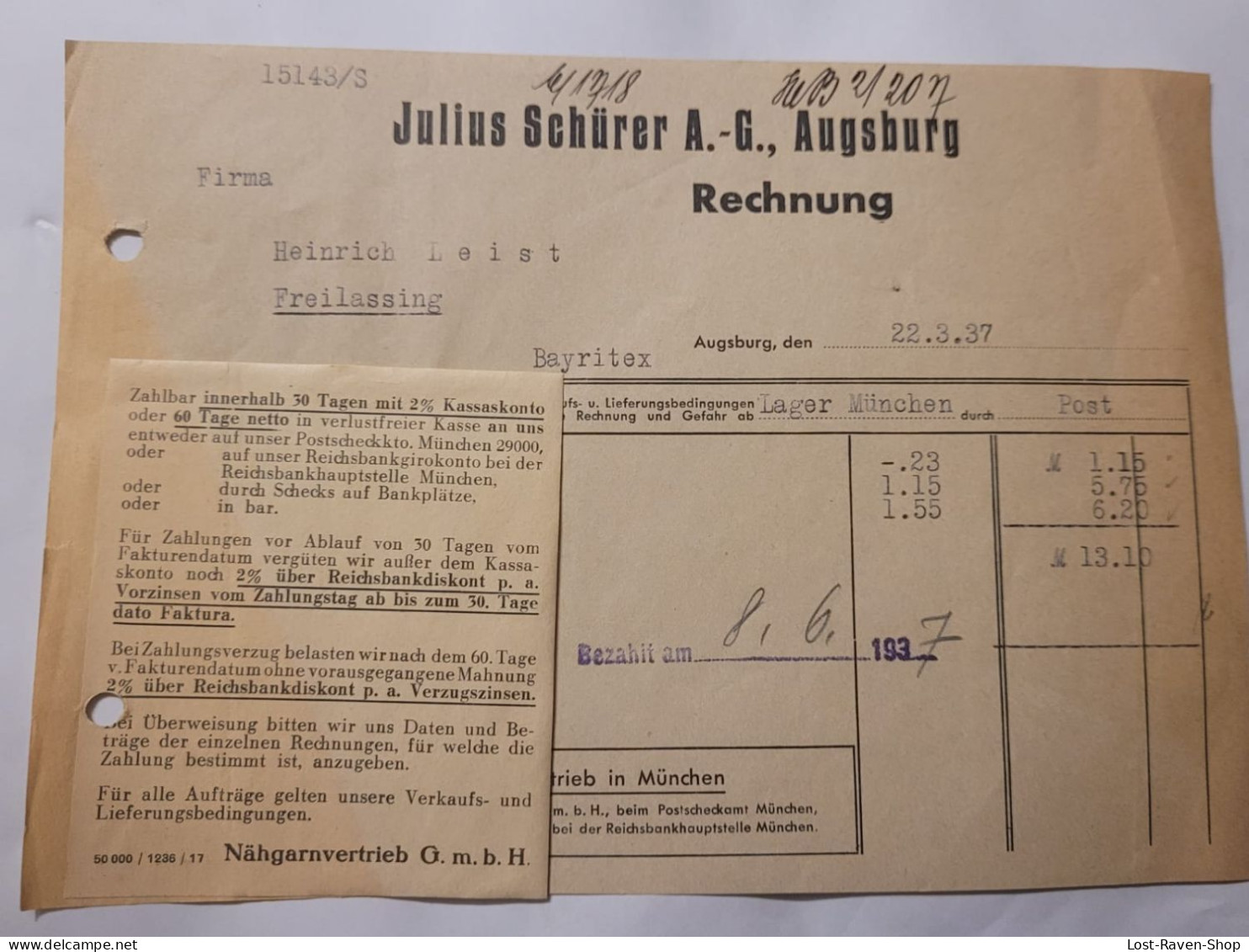 Rechnung - Julius Schürer A. G Augsburg 1937 - 1900 – 1949