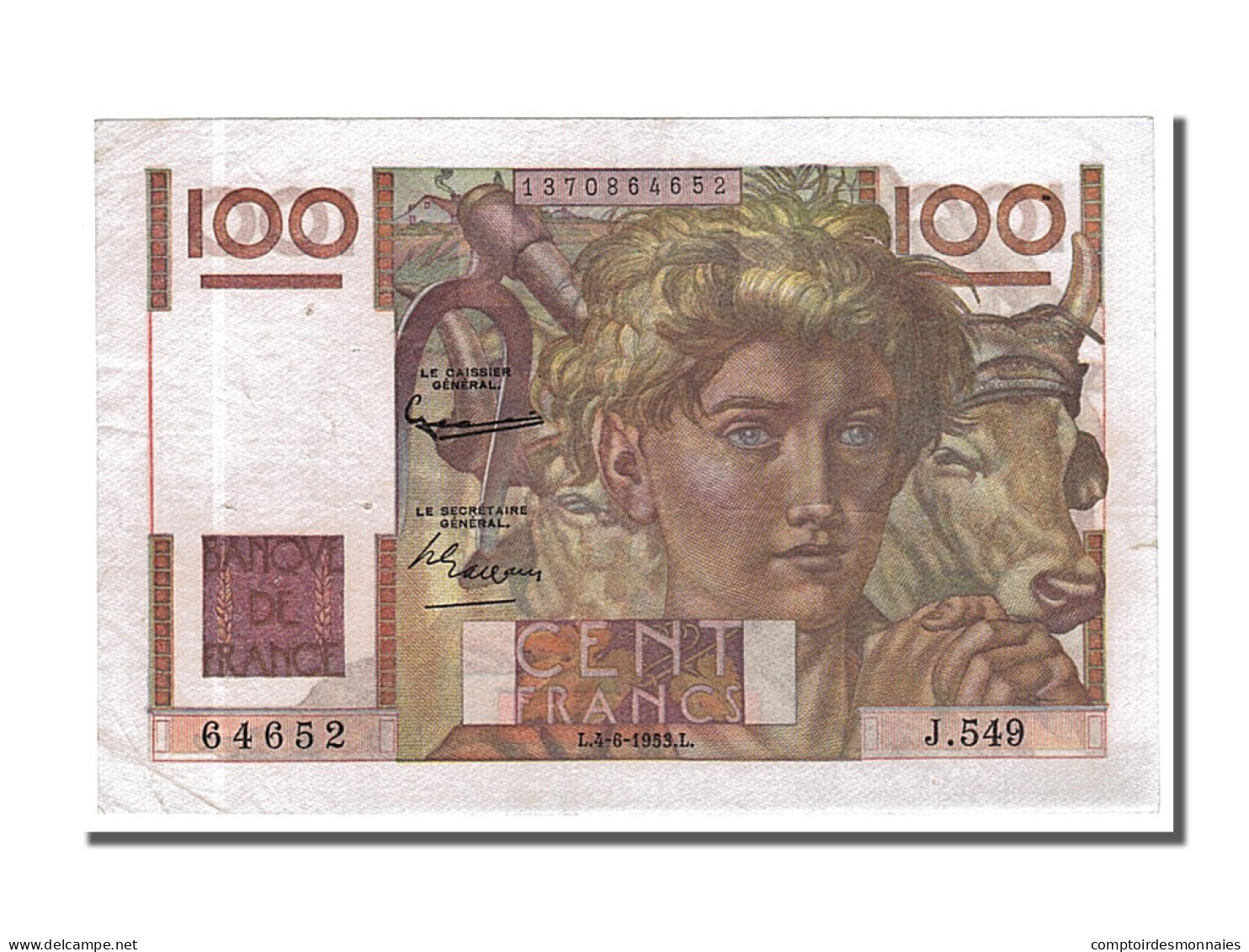 Billet, France, 100 Francs, 100 F 1945-1954 ''Jeune Paysan'', 1953, 1953-06-04 - 100 F 1945-1954 ''Jeune Paysan''