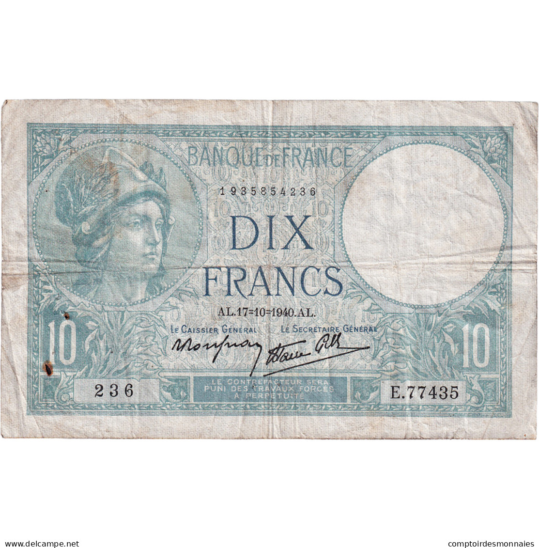 France, 10 Francs, Minerve, 1940, E.77435, TB+, Fayette:7.17, KM:84 - 10 F 1916-1942 ''Minerve''