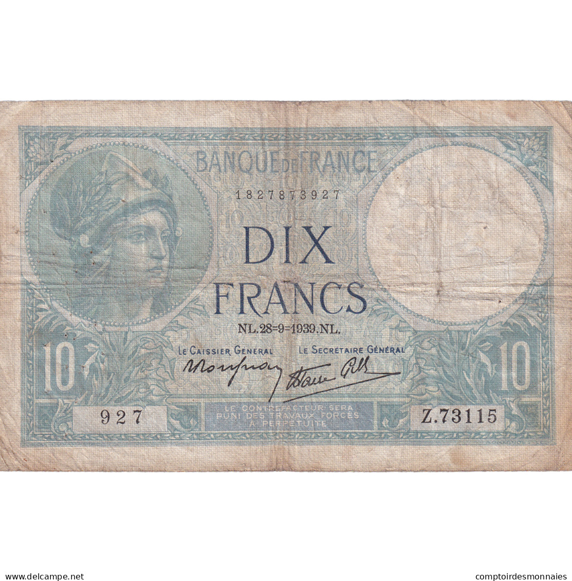 France, 10 Francs, Minerve, 1939, Z.73115, TB, Fayette:7.9, KM:84 - 10 F 1916-1942 ''Minerve''