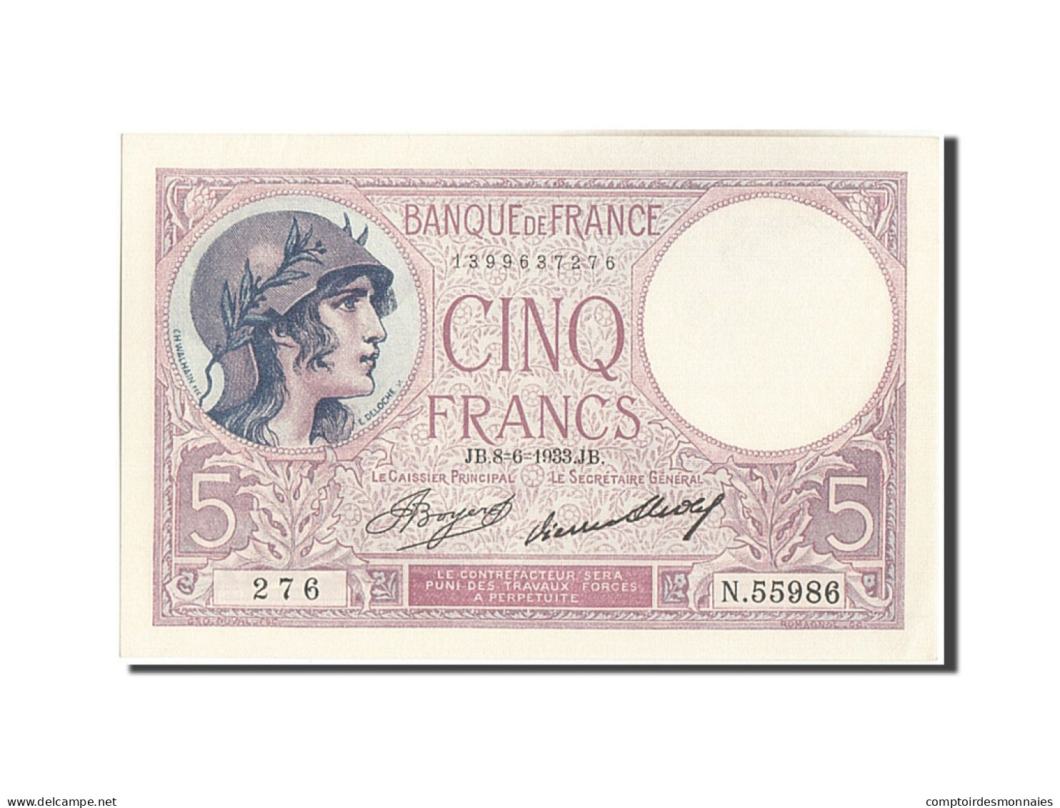 Billet, France, 5 Francs, 5 F 1917-1940 ''Violet'', 1933, 1933-06-08, SPL - 5 F 1917-1940 ''Violet''