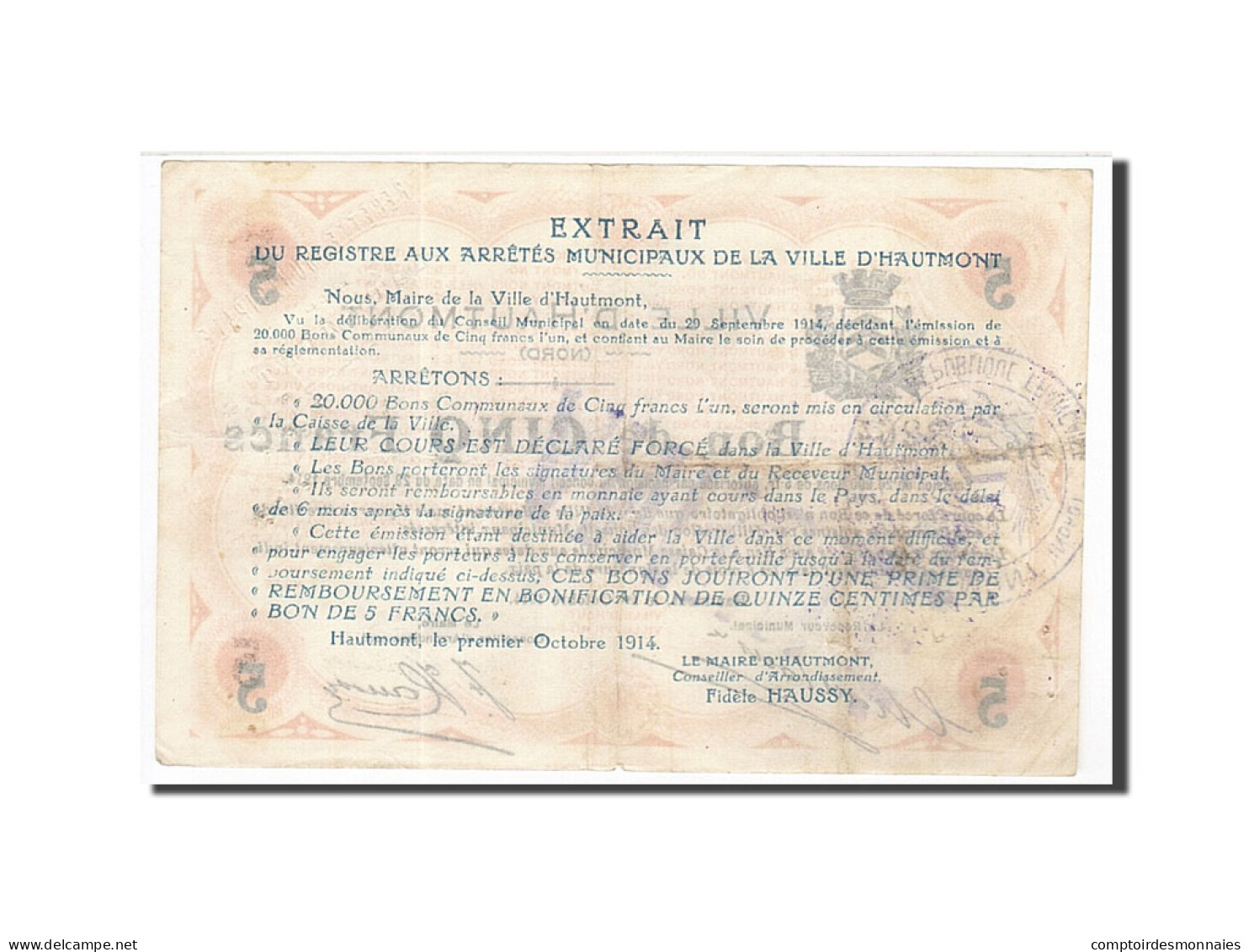 Billet, France, Hautmont, 5 Francs, 1914, TTB, Pirot:59-1291 - Bons & Nécessité