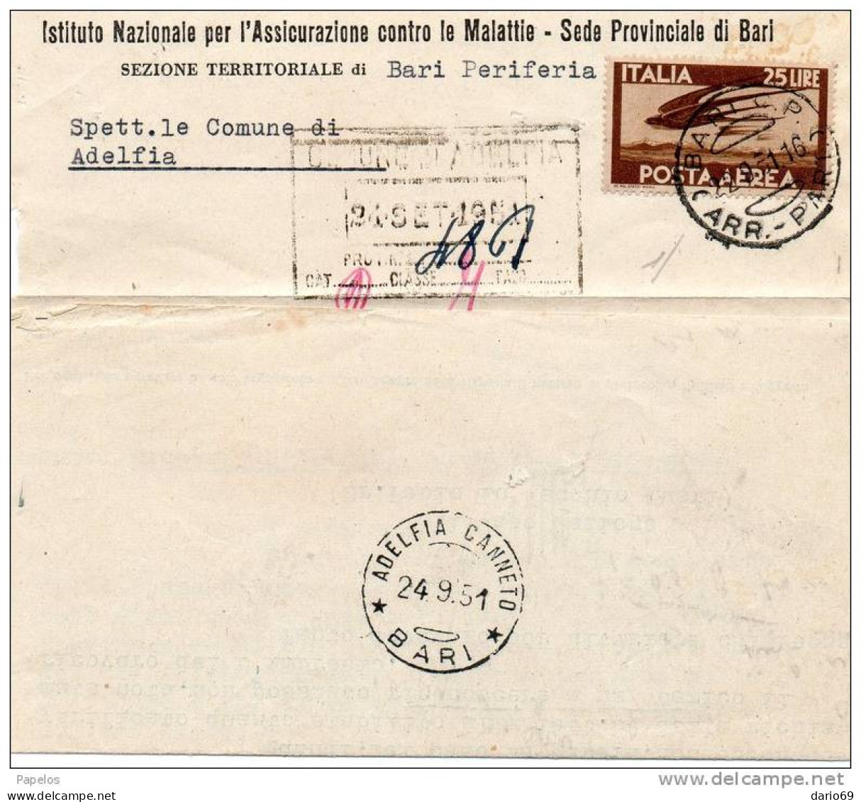 1951 MODULO CON IL N° 133 POSTA AEREA ANNULLO ADELFIA CANNETO BARI - Airmail