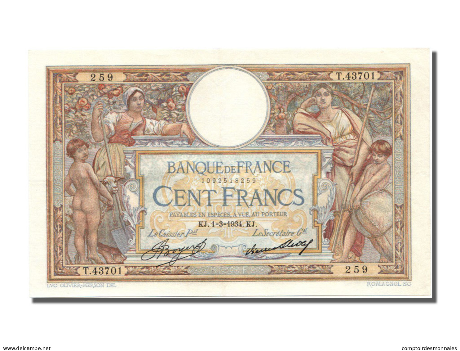 Billet, France, 100 Francs, 100 F 1908-1939 ''Luc Olivier Merson'', 1934 - 100 F 1908-1939 ''Luc Olivier Merson''